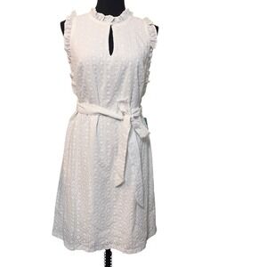 London Times Eyelet‎ Sleeveless Keyhole Tie Front Dress White US 8P Cottagecore